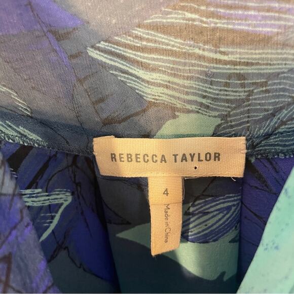 Rebecca Taylor Smocked Tahitian Flower 100% Silk Chiffon Dress Blue Floral Sz 4 - Picture 7 of 11